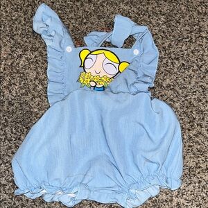 Blue Ruffled Baby Romper with Cartoon Print
